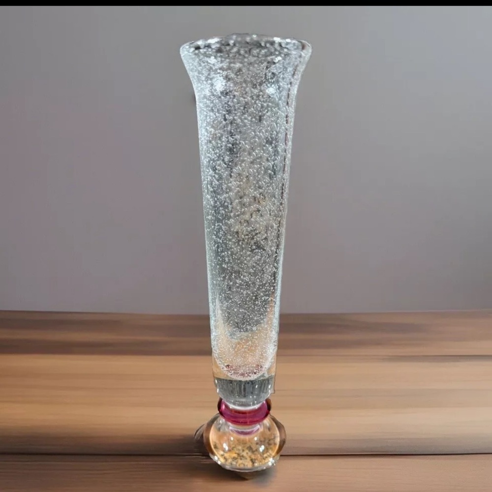 CRYSTAL Vase 9” Clear /Cranberry Home Blown Bubbled Flute Glass GORGEOUS RARE